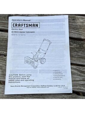 Snow Thrower Owners Operator Maintenance Manual Craftsman 22 in 247.887791 Sears